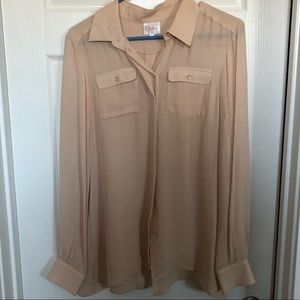 Shear cream/pink button up blouse.